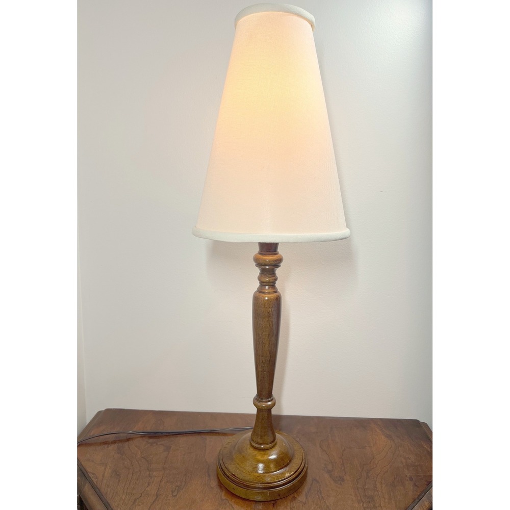 Vintage Wood Table Lamp Turned Base Brown Cream Shade‎ 28.5" Traditional Decor